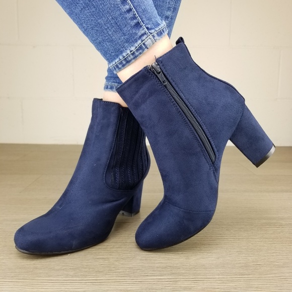 Vegan Suede Navy Bock Heel Ankle Bootie - Picture 6 of 7
